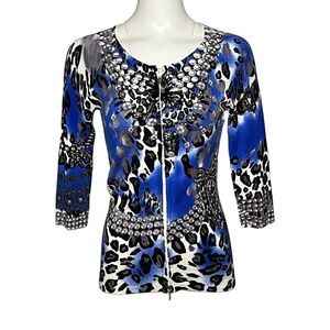Cache Leopard Print Rhinestone Embellished Knit Cardigan Sweater Blue Size Small